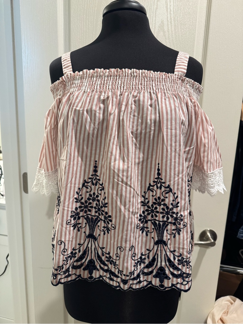 Striped Pink Off-Shoulder Top with Navy Embroidery
